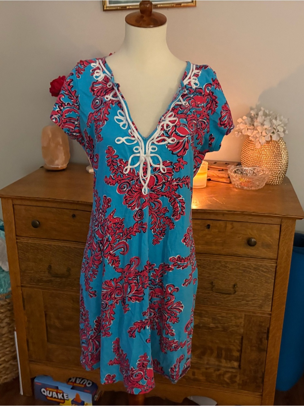 Lilly Pulitzer Turquoise & Pink Floral V-Neck Cotton Dress Size Large